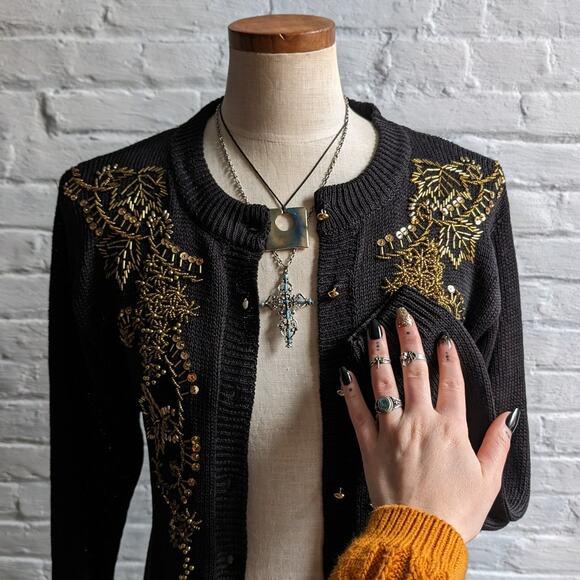 Vintage Black Knit Cardigan Gold Beaded Sweater Glam Goth Granny Chic Top Small - Picture 4 of 7